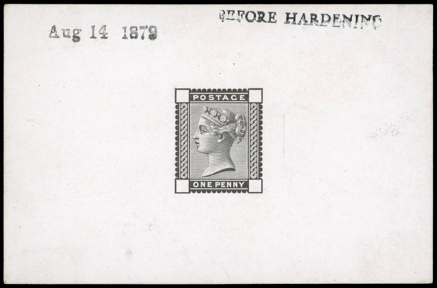 GB 1880-81 1d die proof for the complete design, printed in black on white glazed card, For SG 166