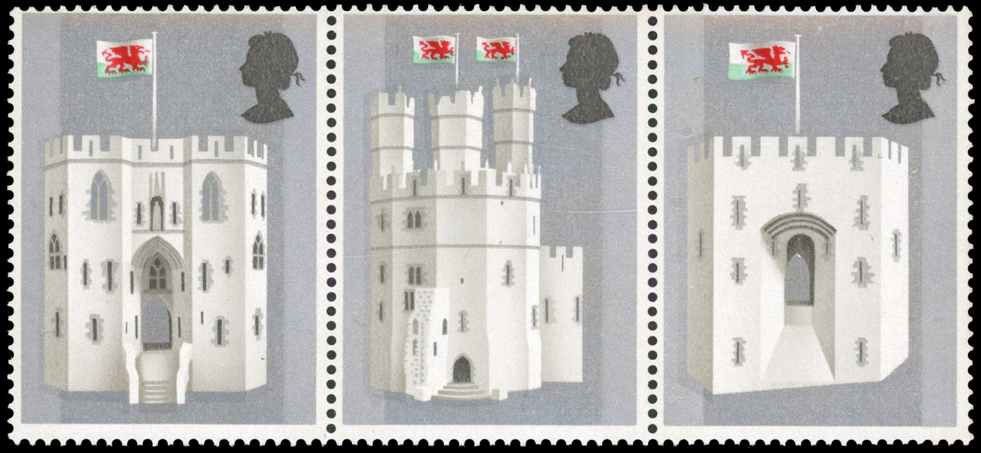 GB: 1969 5d Investiture of HRH Prince of Wales strip of 3 black (value and inscription) omitted fine unmounted o.g. SG 802b