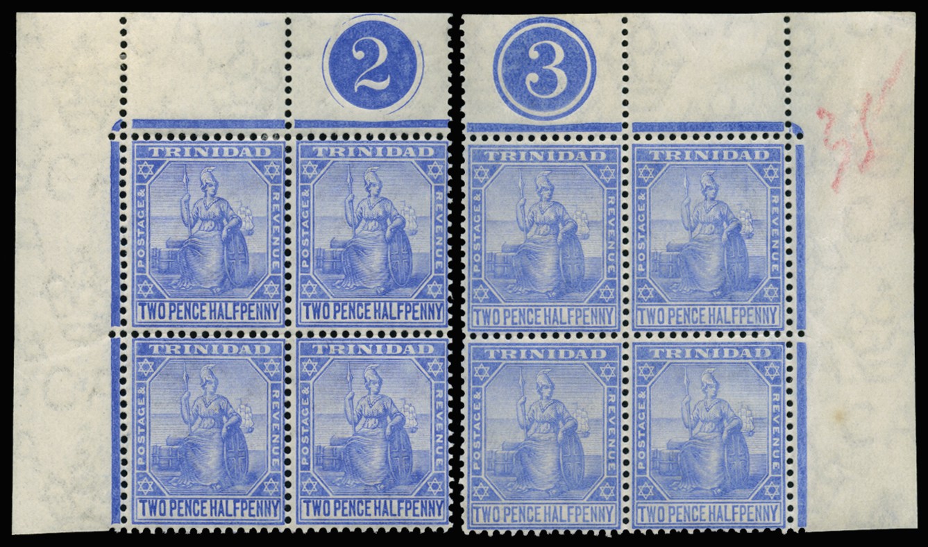 1904-07 2½d blue, two plate blocks of 4,...