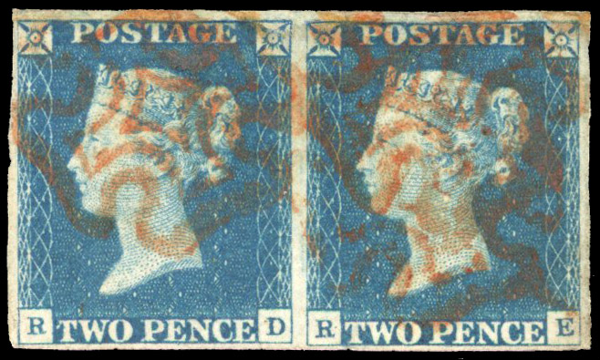 1840 2d pale blue, Plate 1, horizontal pair (RD-RE), close to large margins cancelled