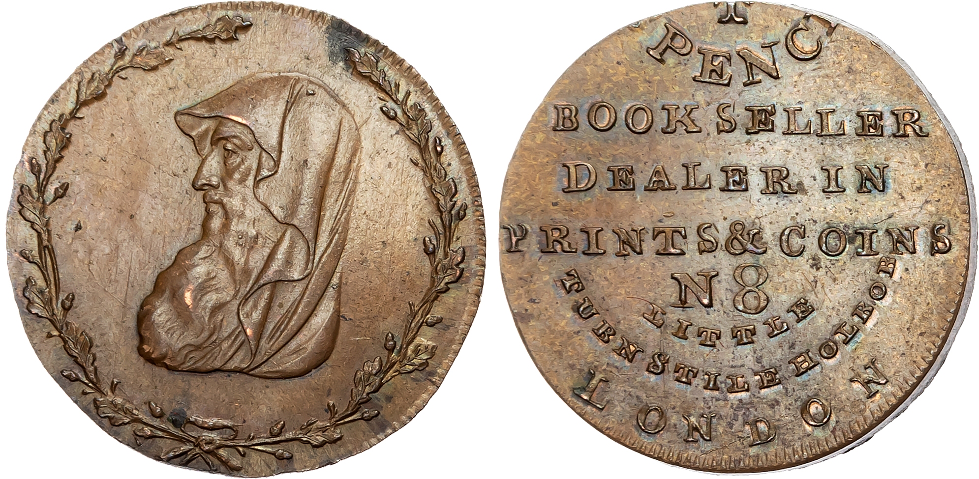 Anglesey, Amlwch  Spence’s mule Halfpenny, Druid’s head left within oak wreath, rev. T. SPENCE bookseller etc., edge pla …