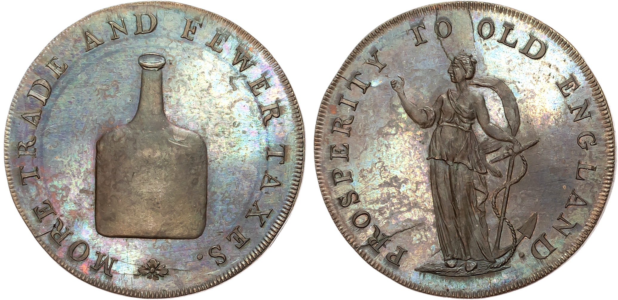 Norf. Norwich, Richard Dinmore & Son (saddler, ironmonger and hemp merchant) Halfpenny, Brandy bottle, rev. Hope standin …