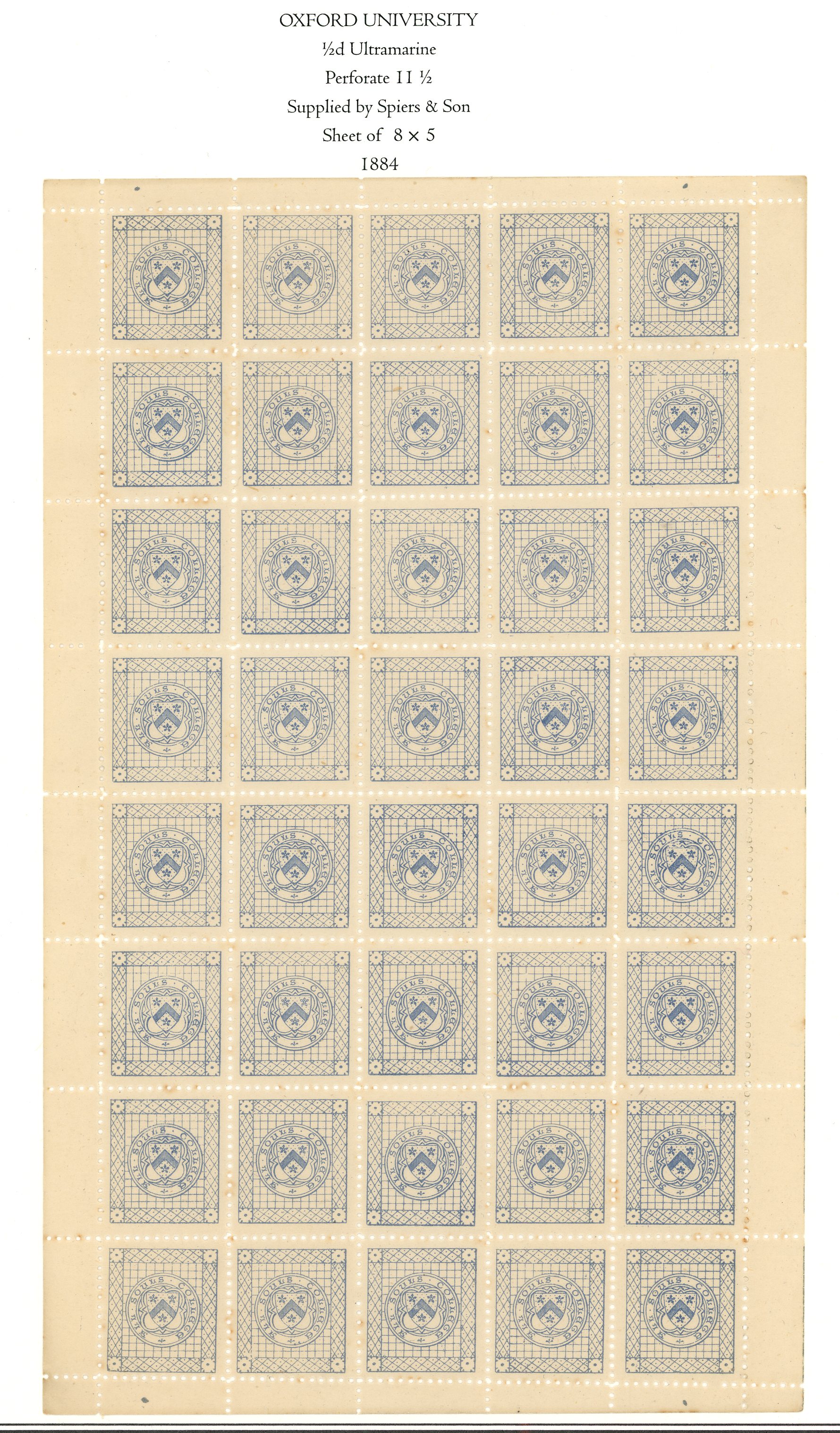 ALL SOULS COLLEGE, OXFORD: 1884 (½d) ultramarine complete sheet.