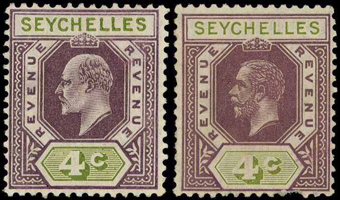 1906 KEVII and 1915 KGV 4c lilac and olive...