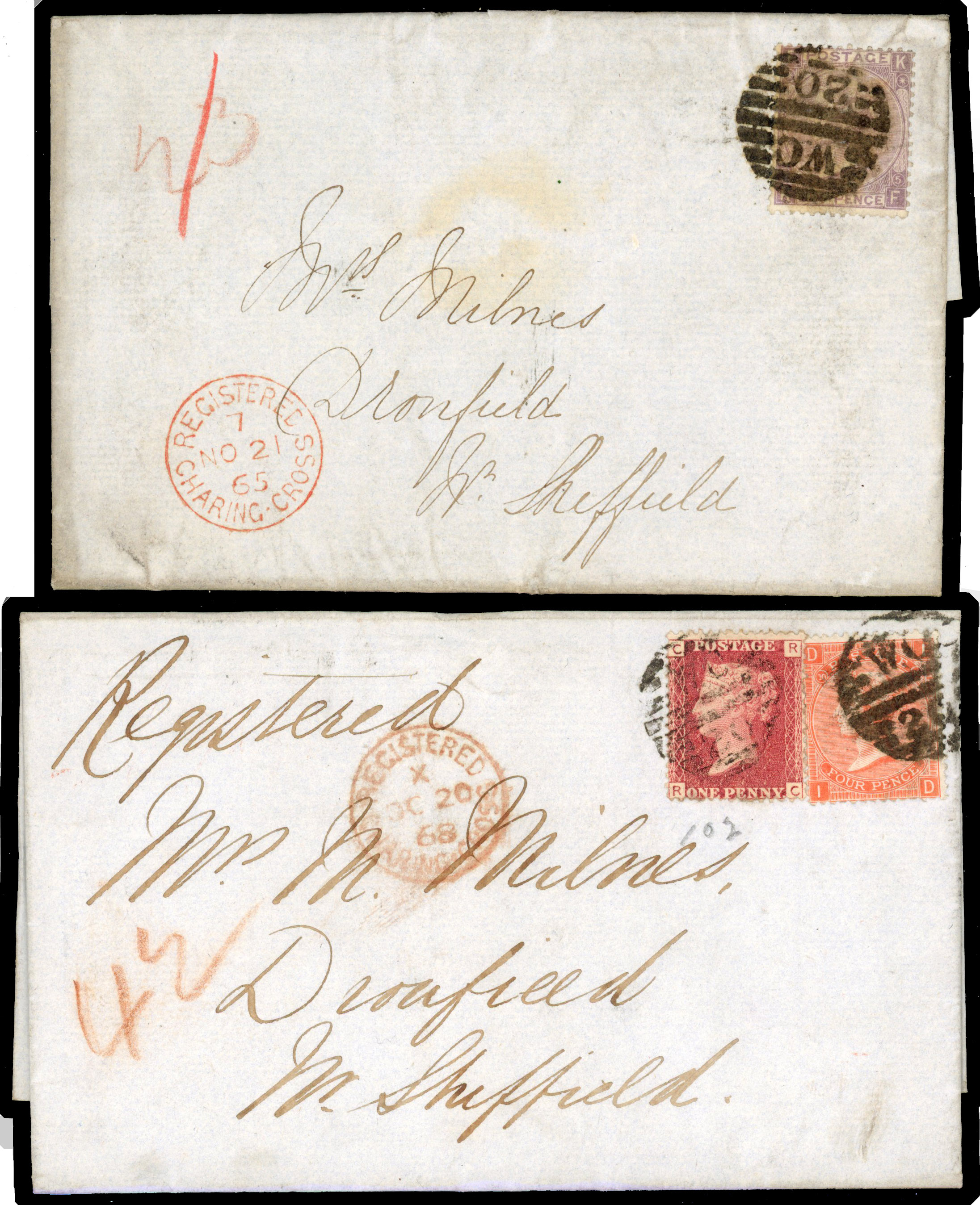 1865 (21.11) entire letter with manuscript ‘1’ and bearing 6d lilac, plate 5 (FK) and 1868 (20.10) entire letter