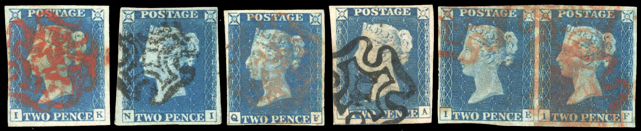 GB 1840 2d blues, selection of 6 unplated stamps (4 singles and a pair), SG 4/6.