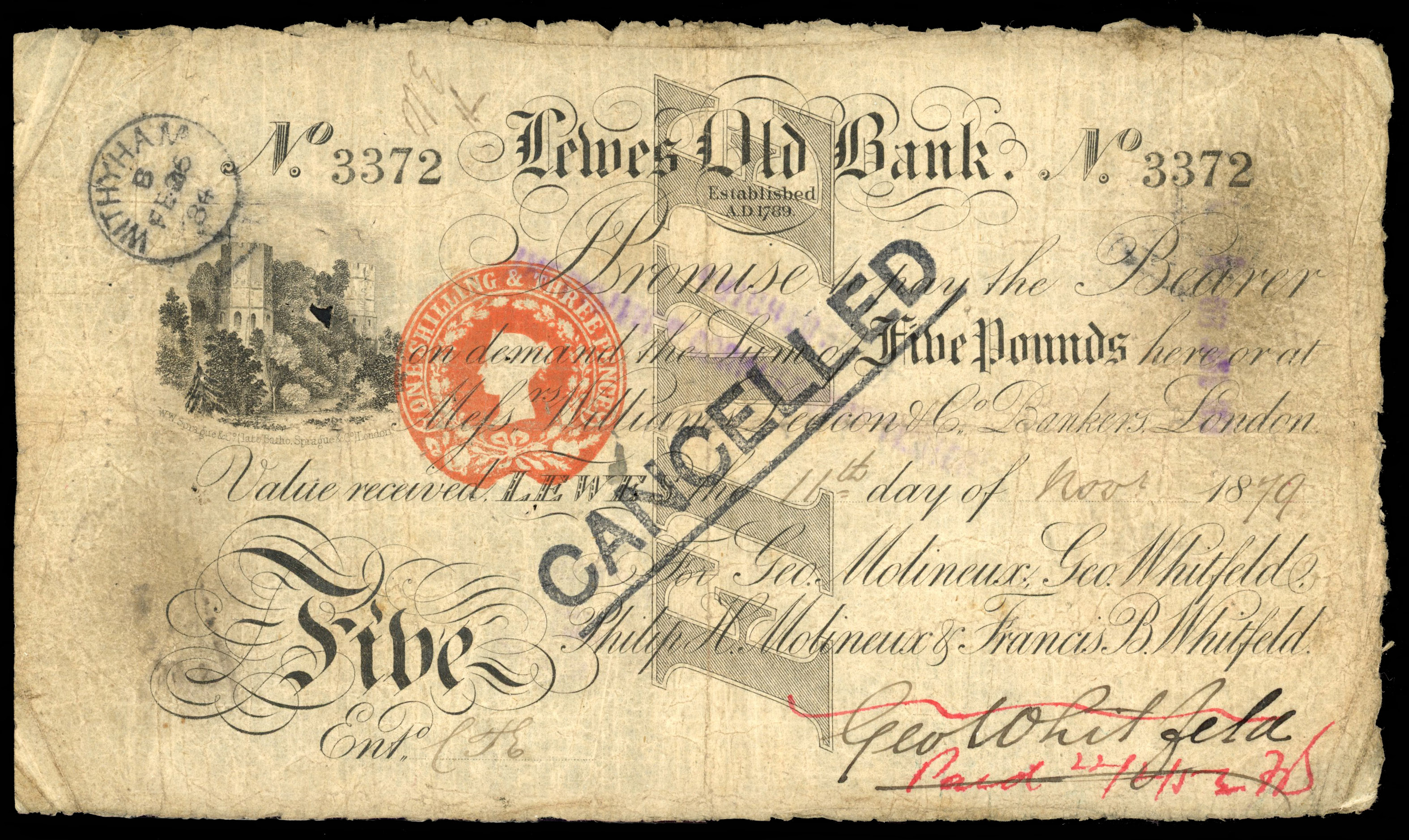 GB Banknote Duty Embossed Revenue on Lewes old bank provincial note