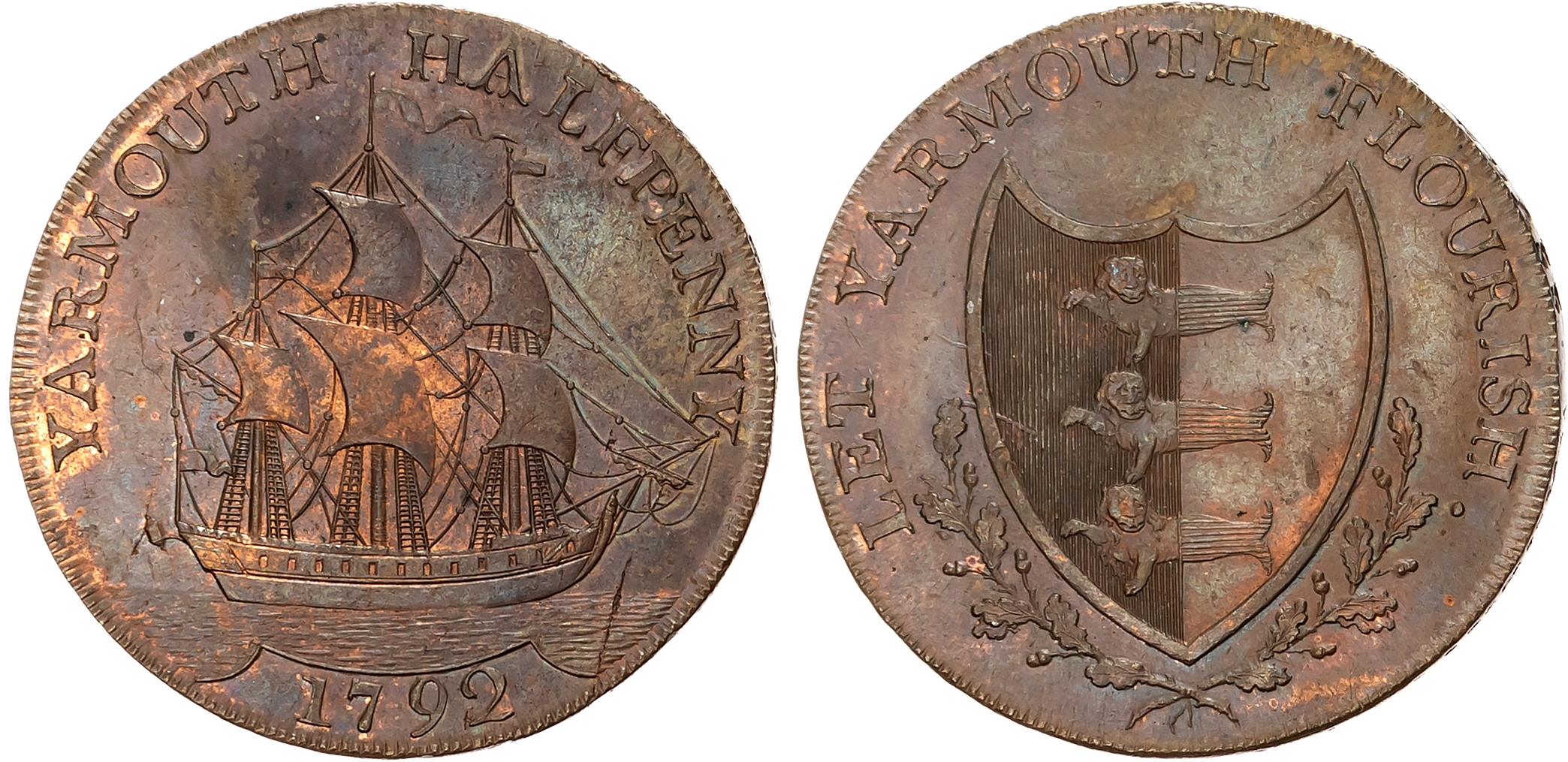 Norf. Yarmouth , William Absolon (china & glass dealer) Halfpenny 1792, Arms of Yarmouth, rev . Man of war in full sale …