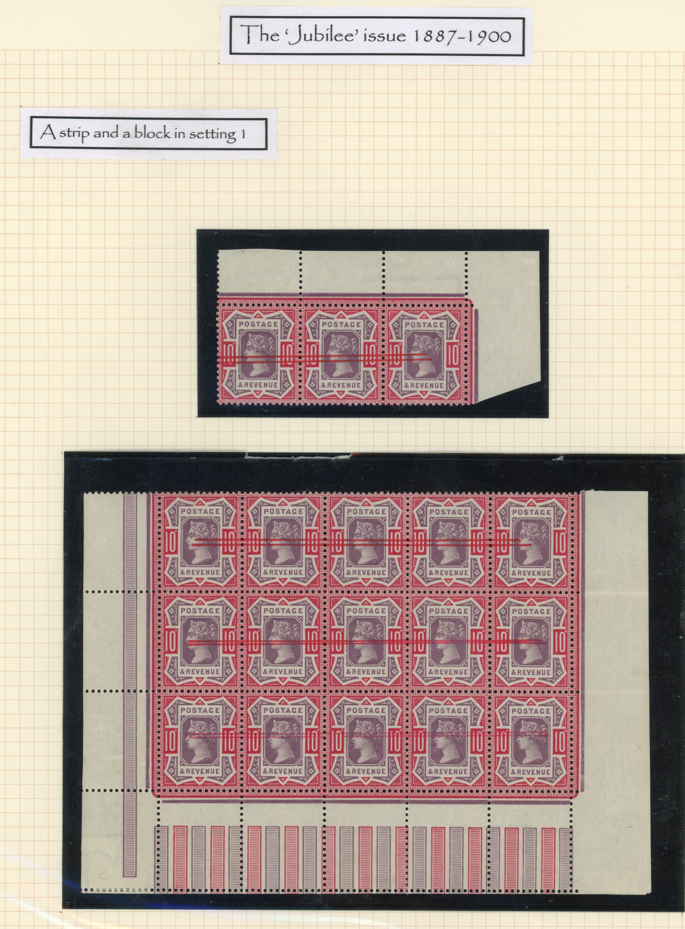GB 1887-92 10d dull purple and carmine strip of 3 and block of 15 from setting 1 and officially defaced