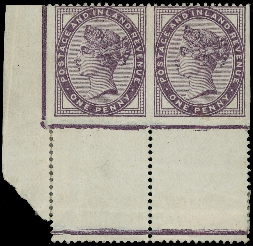 Great Britain 1d lilac imperf on three sides pair SG 172d