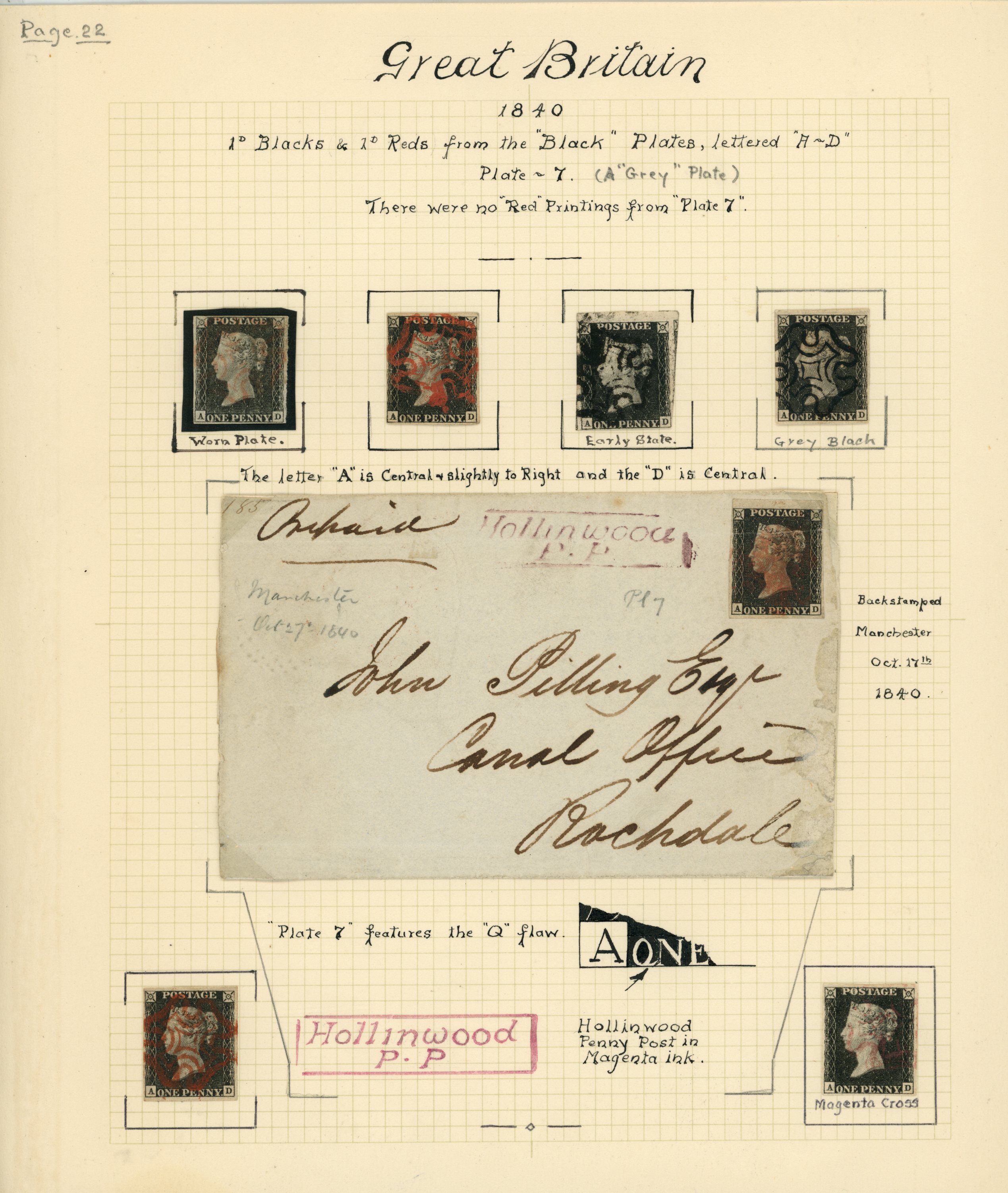 1840 1d black, Plate 7, seven examples with...