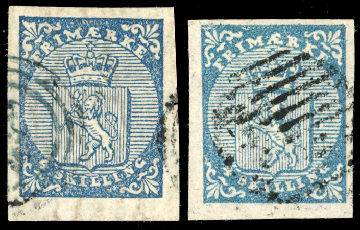 Norway 1855 4s blue two four-margined examples used