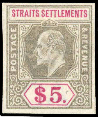Straits Settlements 1901 KEVII $5 imperf colour trial in grey and carmine