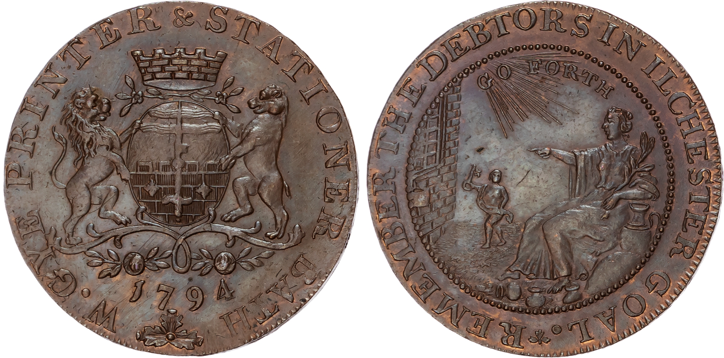 Som. Bath , William Gye (bookseller, printer and stationer) Halfpenny 1794, Arms of Bath, rev. Benevolence ins…