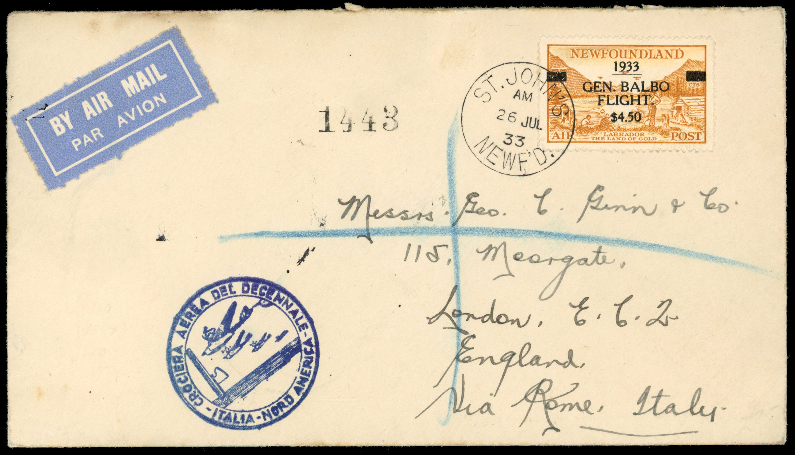 Newfoundland SG 235 Balbo Flight cover to Italy