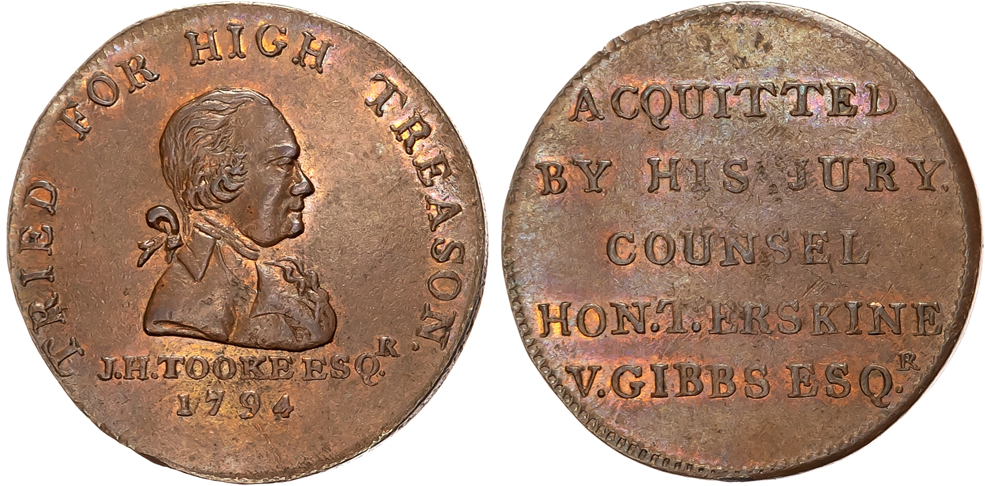 London, Political Series , John Horne-Tooke Halfpenny 1794, Draped bust right, rev. 5-line legend re. his acquittal, ed …