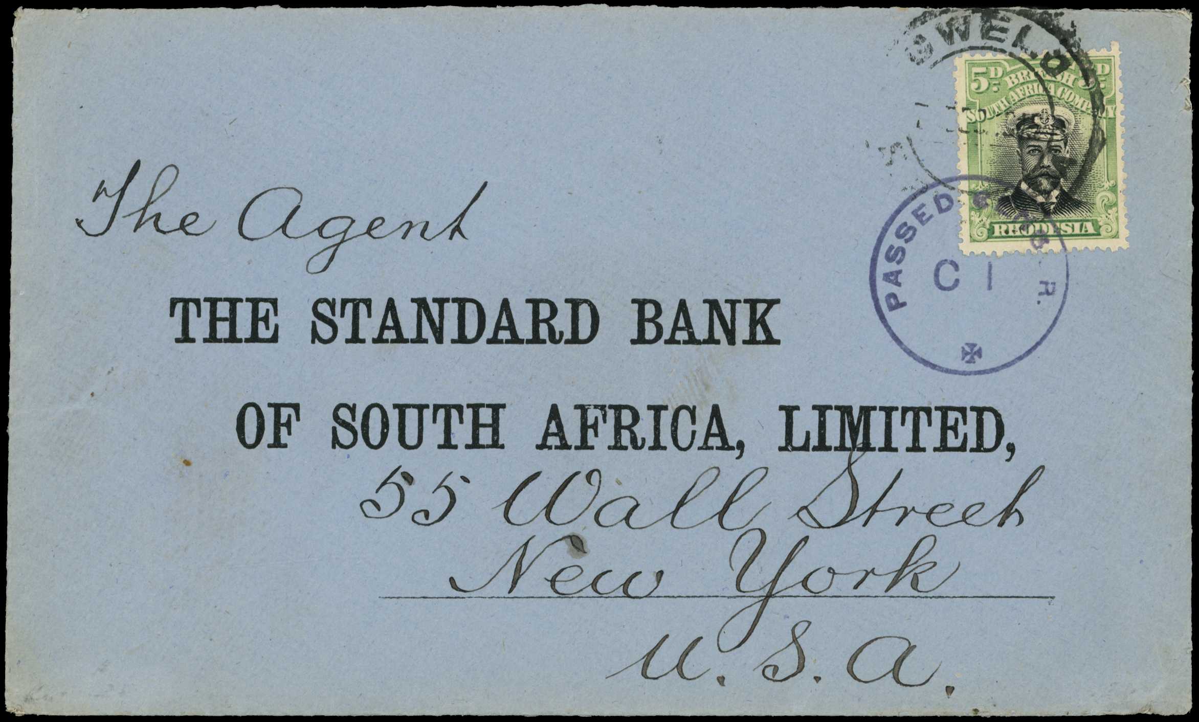 1915 pre-printed Bank envelope, double rate,...