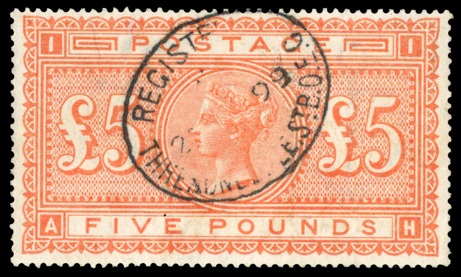 1867 £5 orange, good colour cancelled by oval registered Threadneedle St cancel, fine used SG137