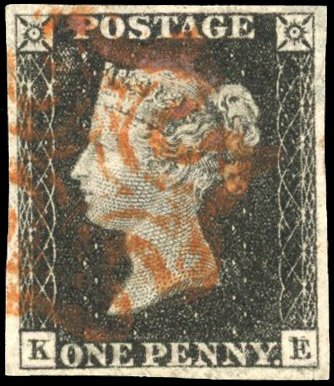GB 1840 1d black, plate 2 (KE), good to large margins, used with neat orange red Maltese Cross. Fine. SG 2