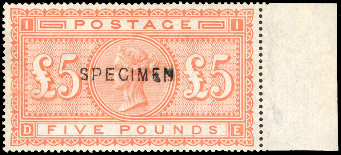 GB 1867-83 white paper £5 orange, plate 1 (DE), mint right marginal example overprinted ‘ SPECIMEN’ (type 11)