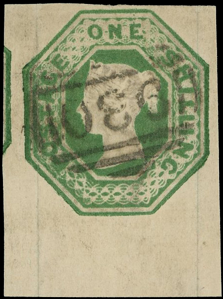 1847-53 Embossed 1s green, lower marginal example with good to large margins