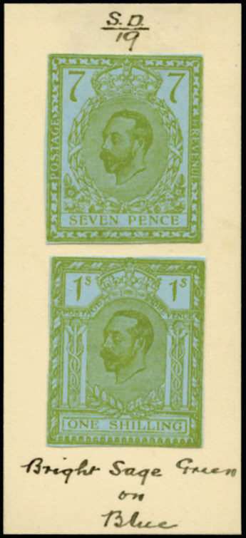 1911 7d & 1s Hentschel essays green on blued paper