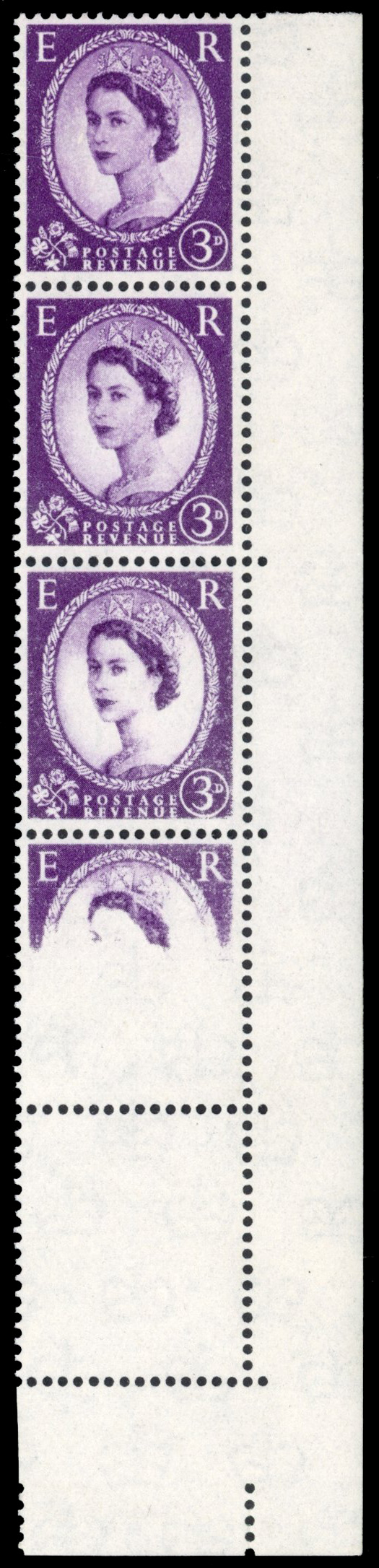 GB: 1962 Crowns 3d deep lilac, whiter paper, mint lower marginal strip of five showing spectacular progressive dry print