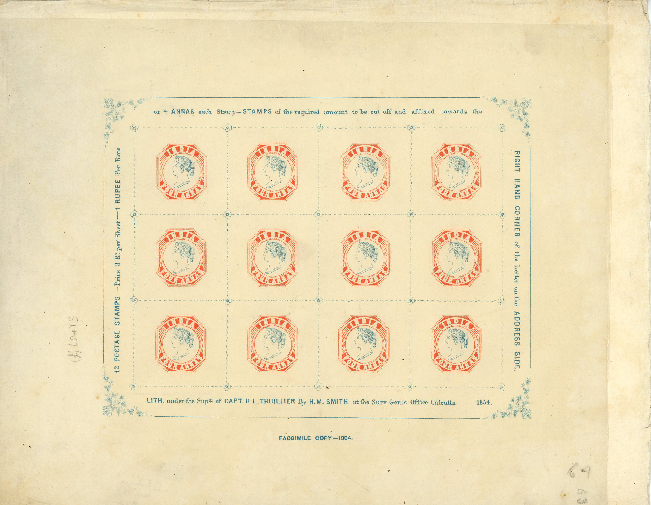 India 1894 4a reprint complete sheet Spence 64
