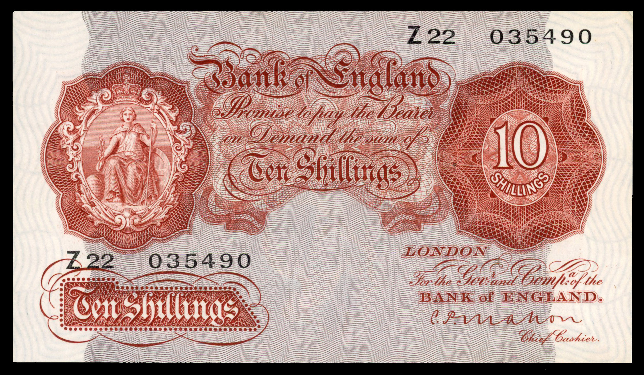 Bank of England, C.P. Mahon, Ten Shillings red, 1928‑29, Z 22 035490.