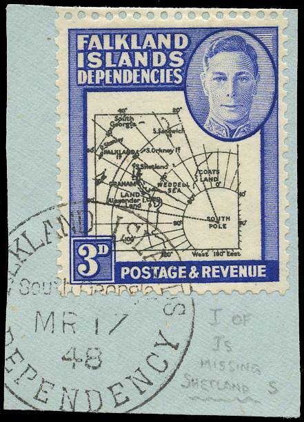 FALKLAND IS DEPS SG G4b 1946-49 Thick Map 3d "Missing I", used on piece