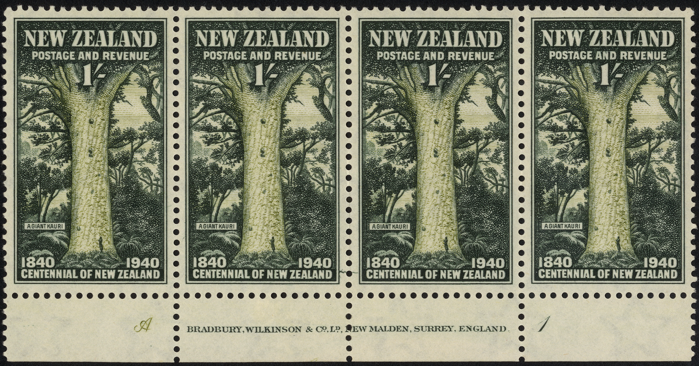 1940 Centennial 1/- bottom marginal strip of four with imprint and Plate A1 mounted mint, gum disturbance at base just...