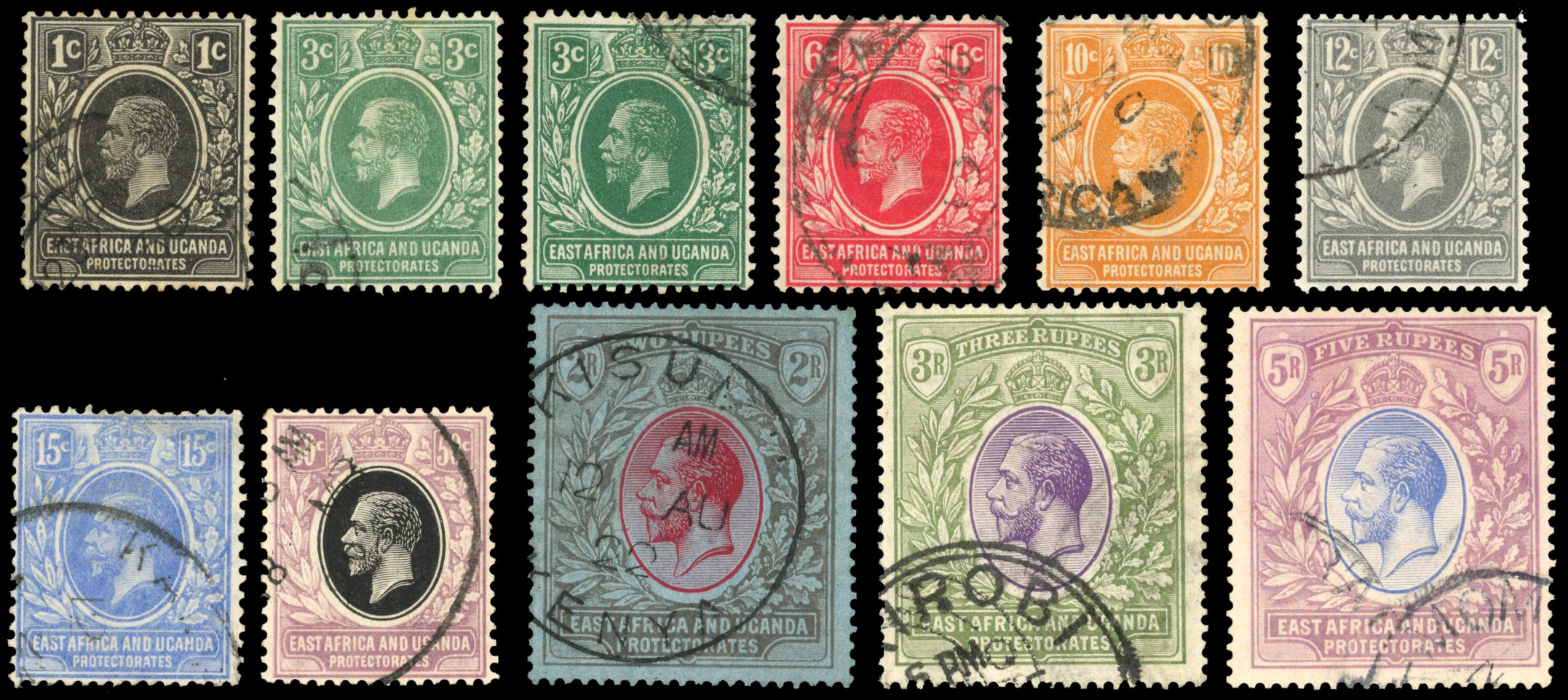 East Africa & Uganda SG 65-74 1921 set to 5r used