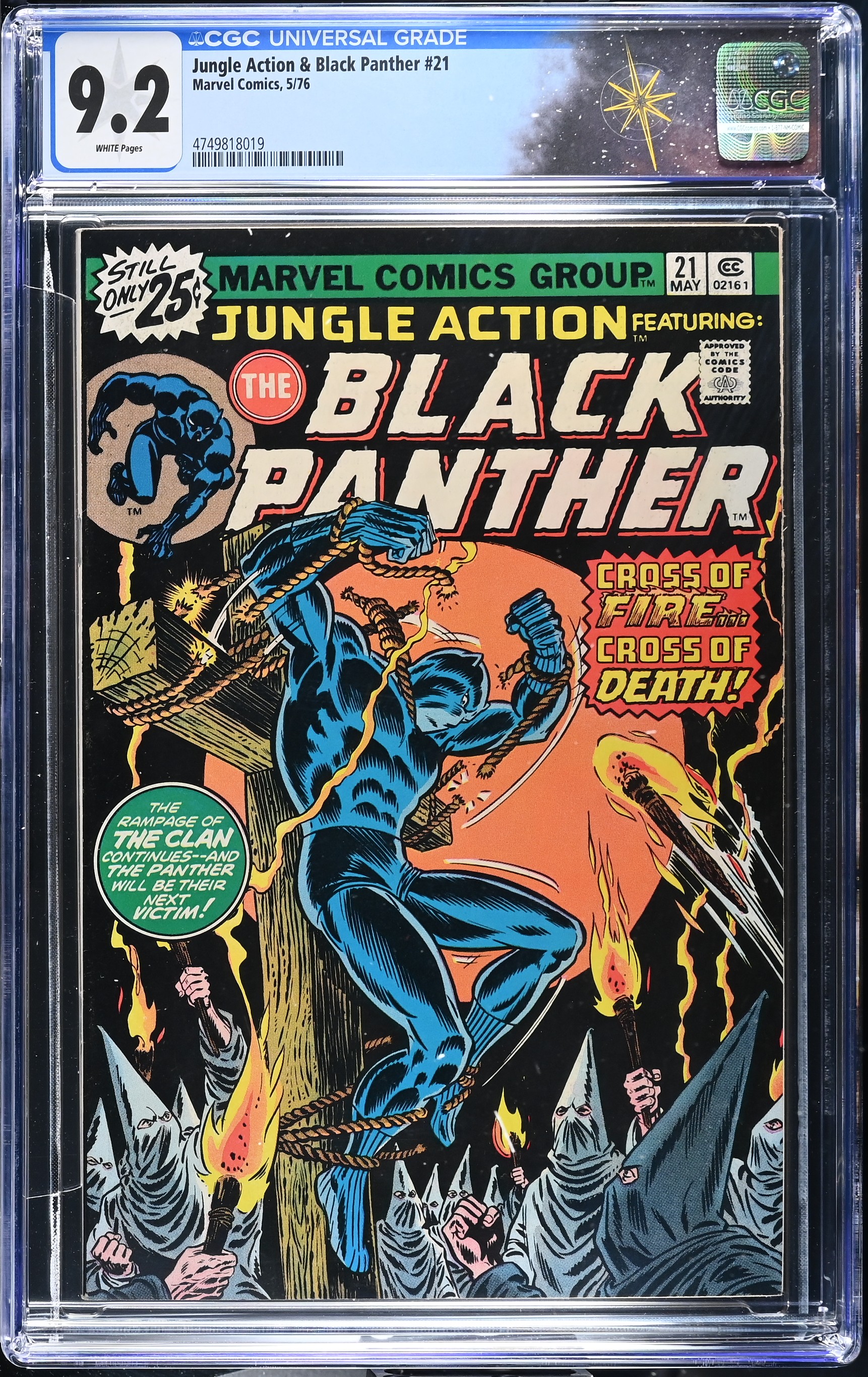 Jungle Action & Black Panther #21 CGC 9.2 Black Panther vs. KKK (Marvel Comics, 1976) White Pages