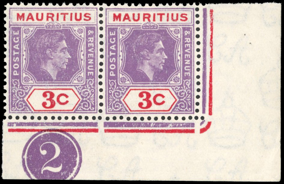 Mauritius SG 253db 1943 3c serrated edge Plate pair mint