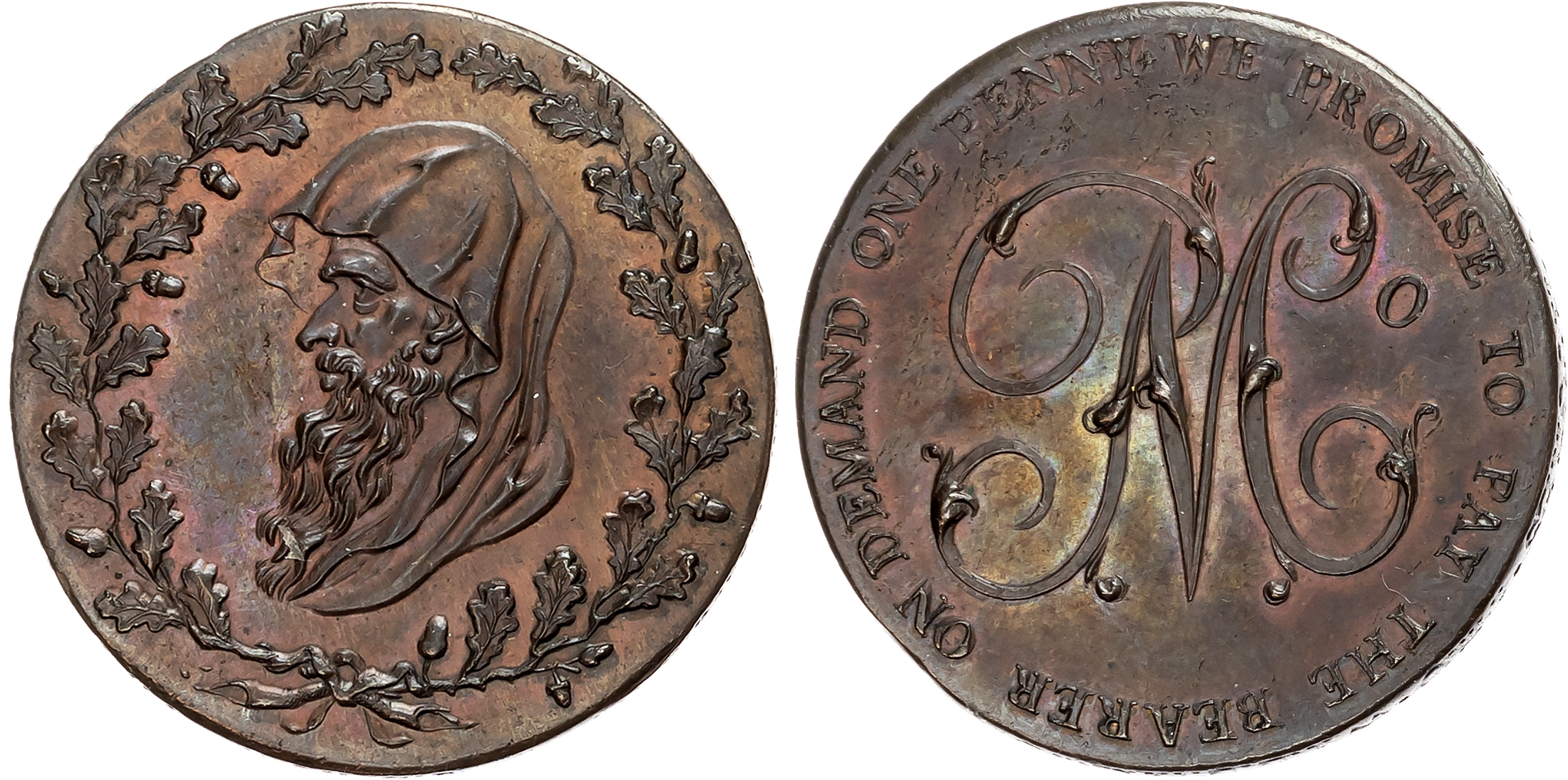 Ang. Amlwch , Westwood’s copy of Milton’s Pattern Penny, Cowled druid’s head within a thin oaken wreath with 9 acorns, r …