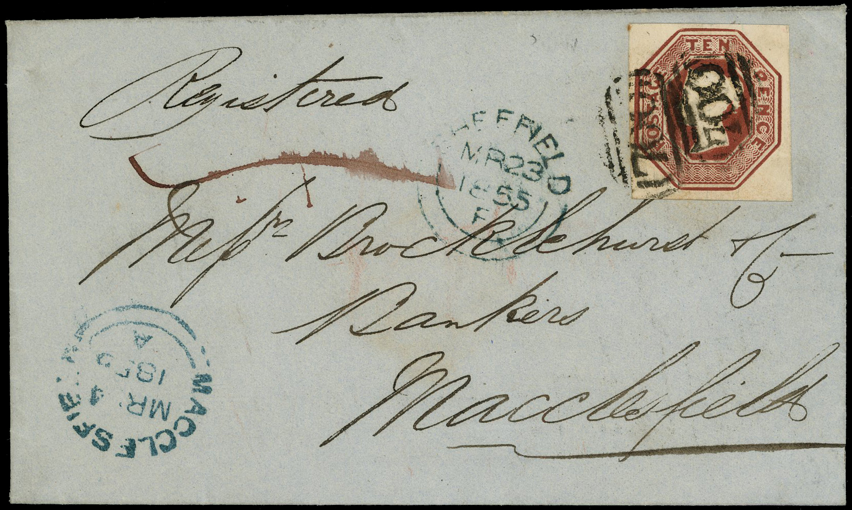 1855 Registered Mail. Clean linen envelope from Sheffield to Macclesfield