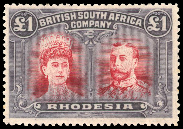 Rhodesia 1910-13 £1 rose-scarlet and bluish black perf 14