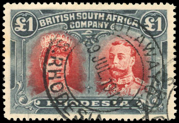 Rhodesia 1910-13 £1 red and black perf 15 used