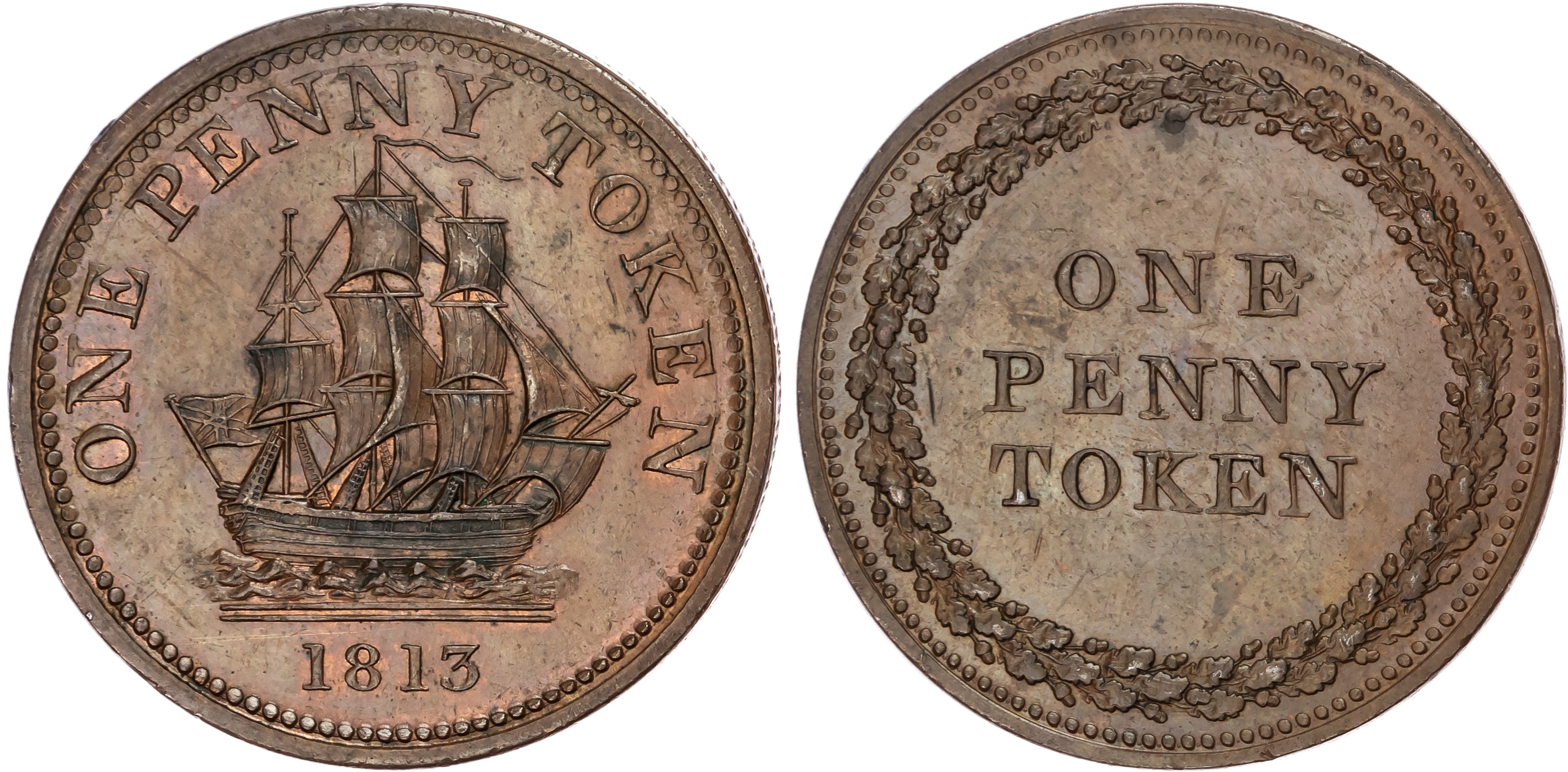 General Circulation, Halliday (?) Penny 1813, Ship in full sail right, rev. Denom. in oaken wreath, edge centr…