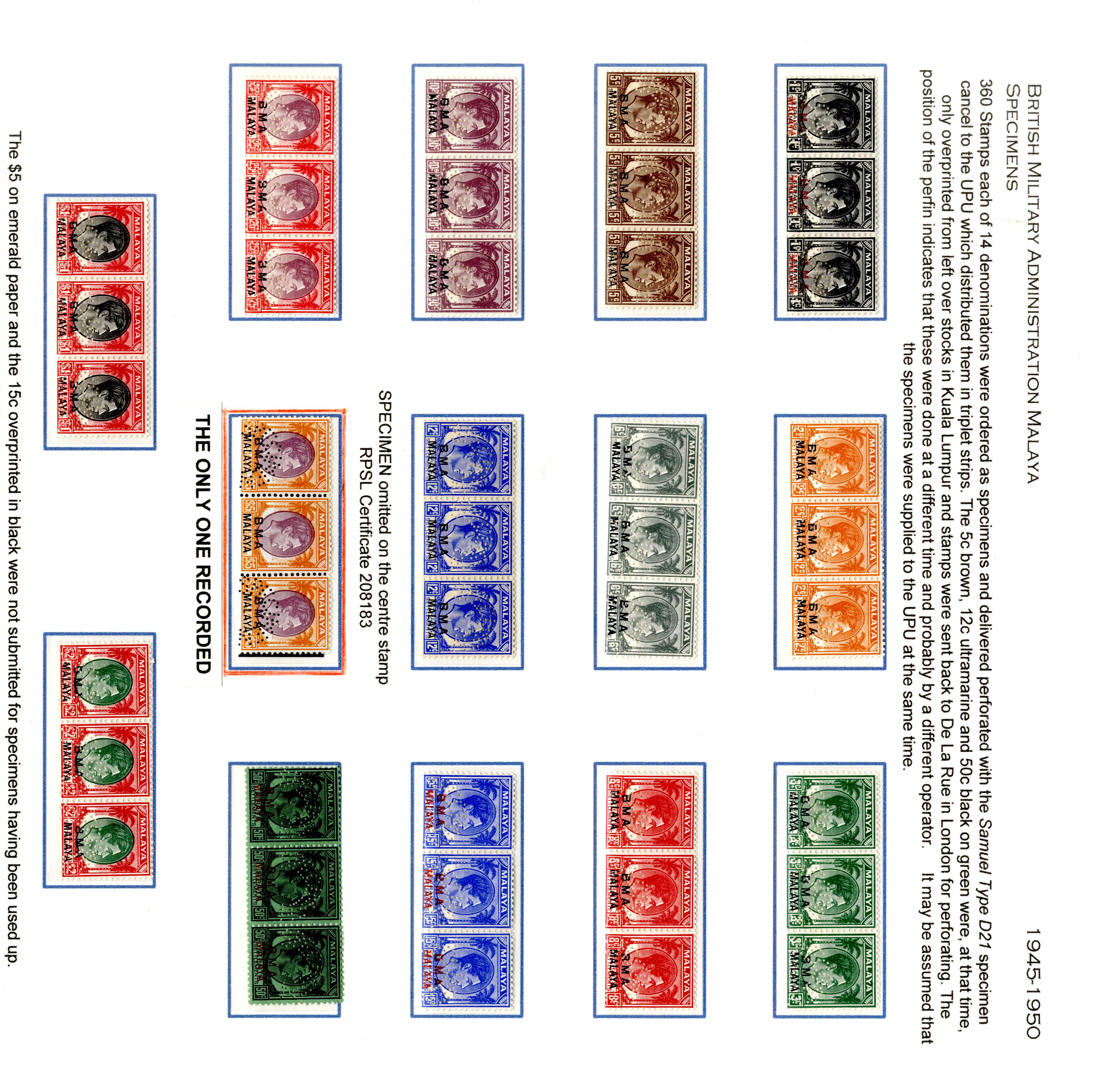 Malaya BMA SG 1bs/18s Specimens with $5 variety 'SPECIMEN' omitted