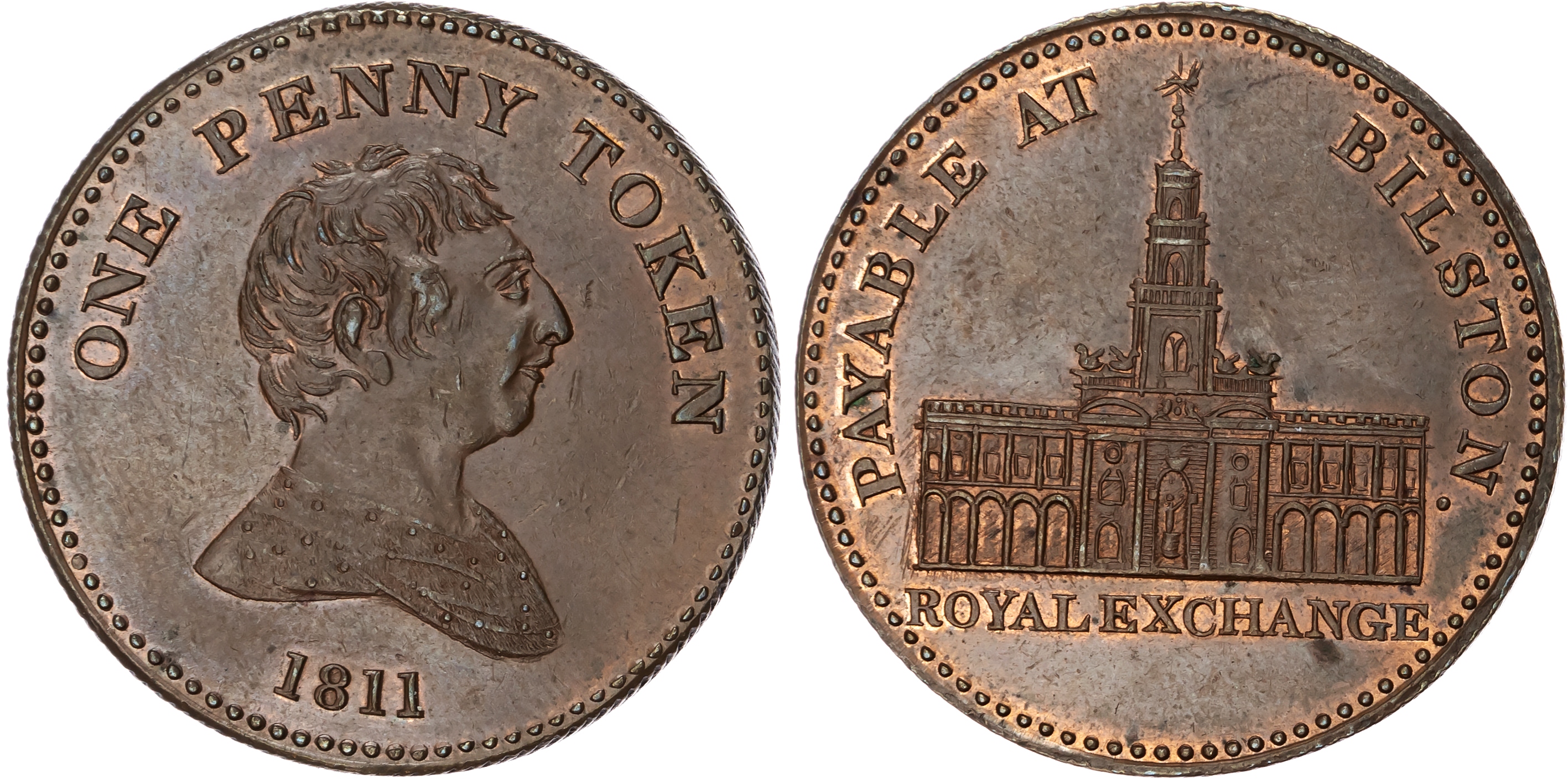 BILSTON. Staffs . Royal Exchange Penny 1811, Bust of George III right, rev . View of Royal Exchange (London?) …