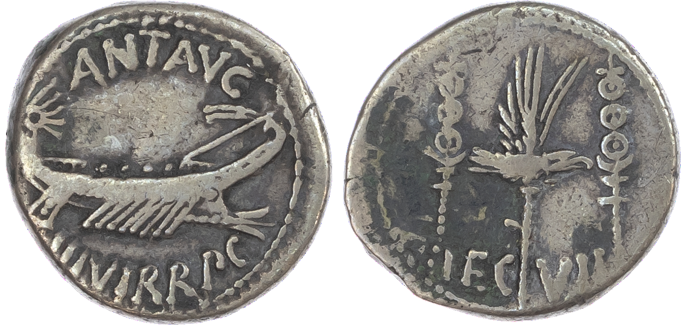 Mark Antony (Autumn 32 - Spring 31 BC) AR Denarius, Patrae (?), Legionary Issue, 3.54g. ANT•AVG – II•VIR•R•P•C, praetorian