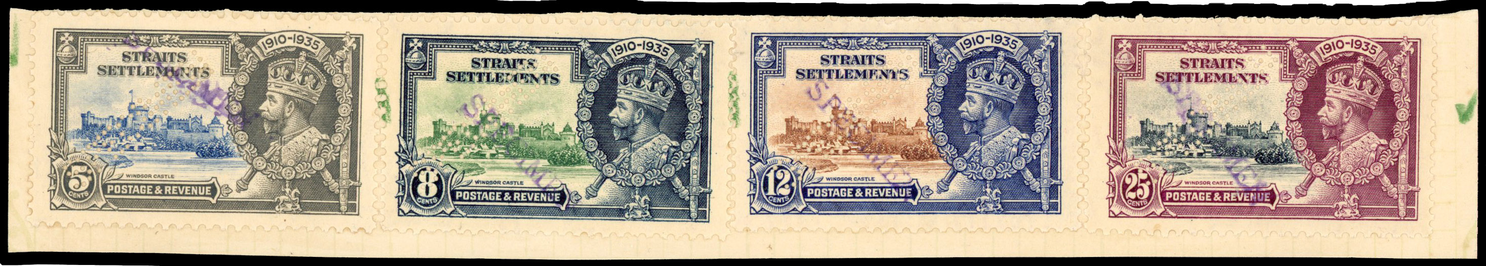 Straits Settlements 1935 Silver Jubilee set perf Specimen ex Bechuanaland archive