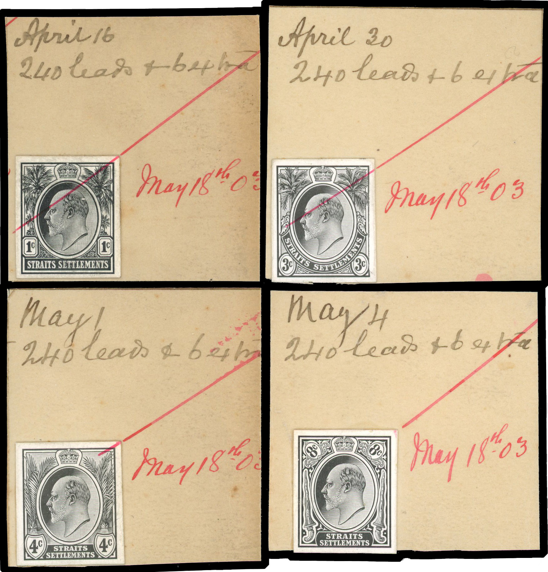 Straits Settlements 1903 set of 4 stamp-size die proofs on DLR day book pieces