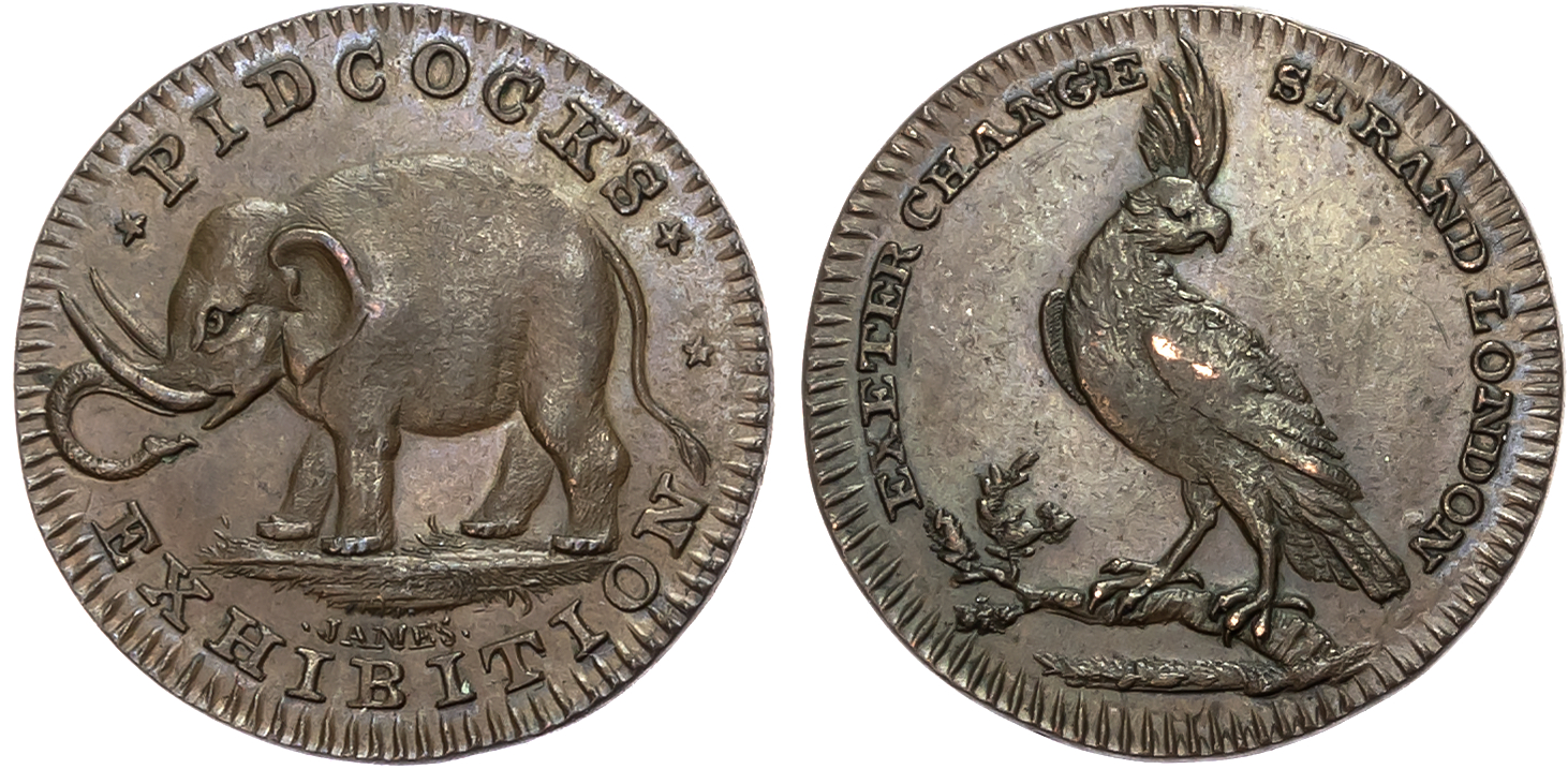 London, Strand, Gilbert Pidcock Farthings, Elephant, rev. Cockatoo, edge milled, 21.5mm/3.38gm. (DH 1067). Another , ed …