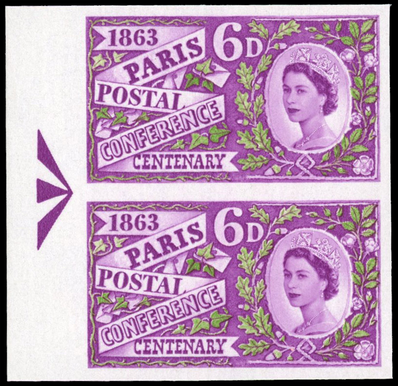 Great Britain 1963 6d Paris Postal Conference Centenary, Vertical Pair, BPMA Imprimatur, SG 636