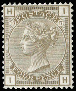 Great Britain 1880 4d Grey-brown Pl.17 (Wmk. Large Garter). Very fine and fresh mint example lettered IH, s…