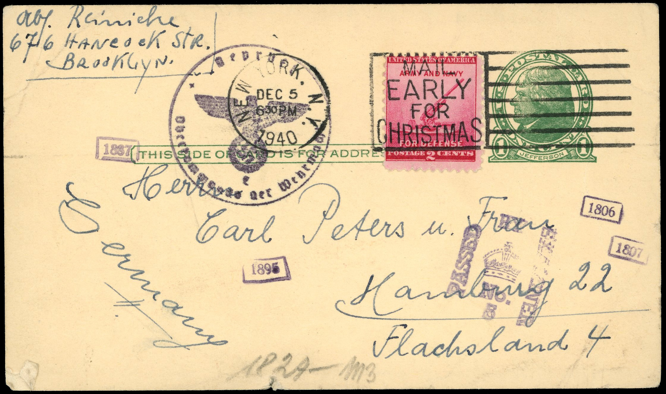 POSTAL HISTORY: 1940 uprated 1c US postal card censored in Bermuda with Gibraltar type “Passed by Examiner No. 5” handstamp, 