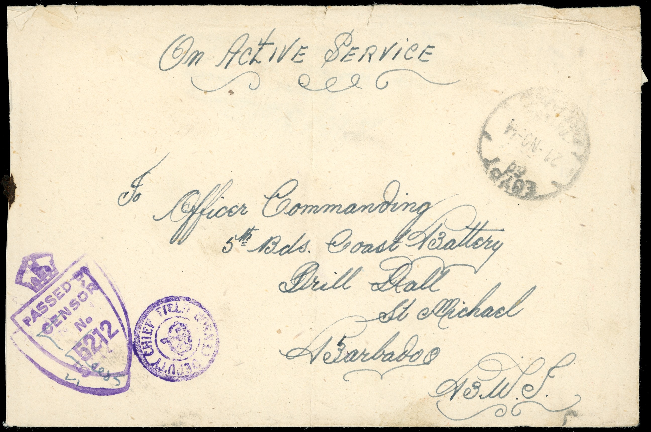 1944 Active Service cover from a member of the British Caribbean Regiment , "Officially Sealed, Received Open" handstamp on...