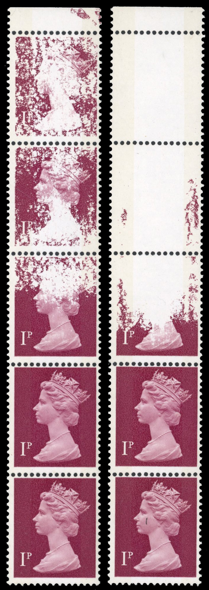 GB: 1971-96 1p crimson, OCP/PVA, two bands, mint top marginal vertical strip of five with spectacular progressive dry print